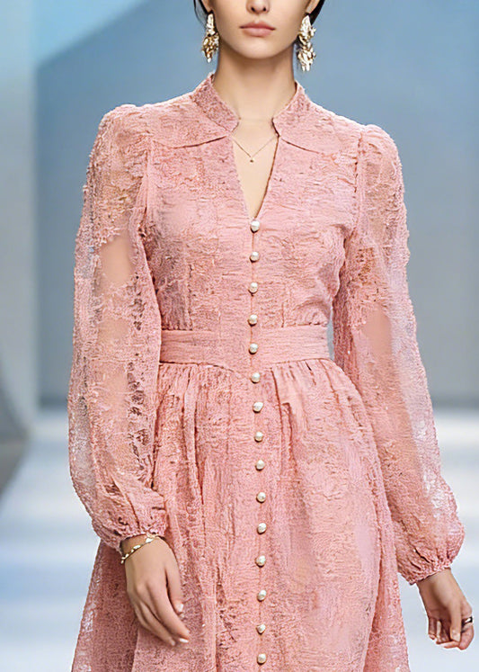 Red Stand Collar Tunic Tulle Mid Dress Lantern Sleeve