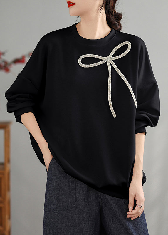 Black O Neck Bow Cotton Pullover Top Spring