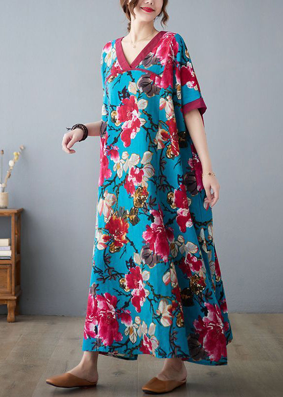 Blue V Neck Patchwork Print Cotton Dresses Short Sleeve