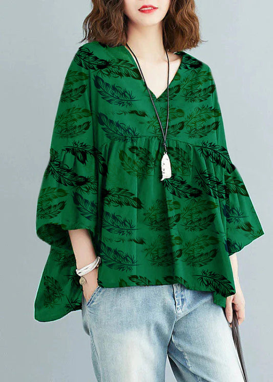 Green Feather V Neck Patchwork Asymmetrical Design Fall Top Three Quarter Sleeve