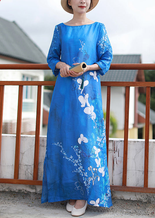 Blue Print Side Open Linen Dresses Bracelet Sleeve