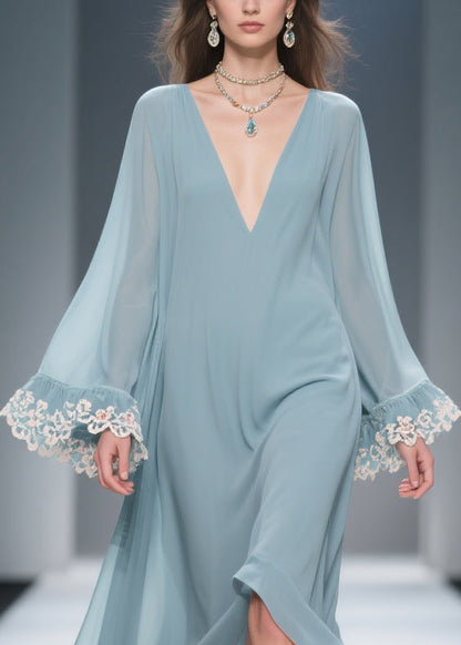 Loose Blue V Neck Chiffon Maxi Dresses Flare Sleeve