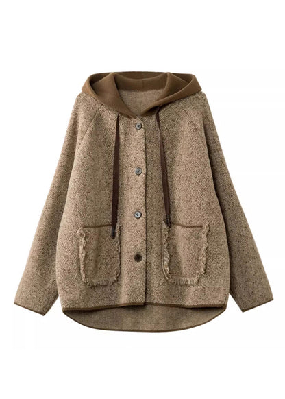 Loose Khaki Patchwork Pockets Button Woolen Hooded Coats Spring