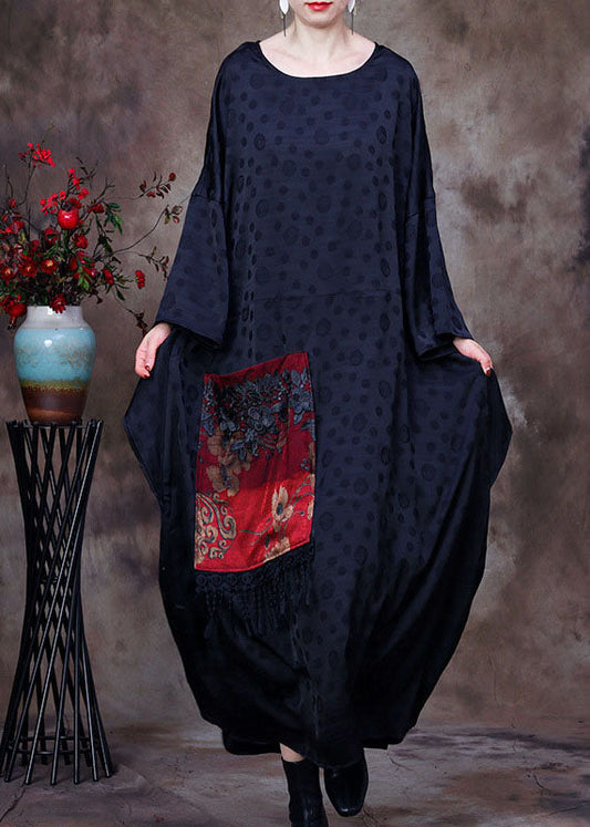 Black Embroideried Asymmetrical Design Patchwork Big Pocket Silk Long Dress Batwing Sleeve