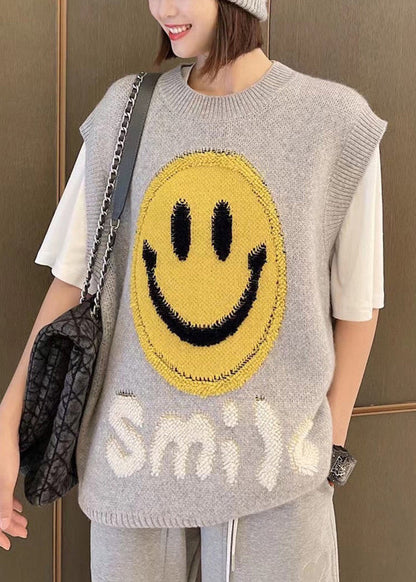 Orange O-neck Smile Jacquard Patchwork Knit Vest Sleeveless