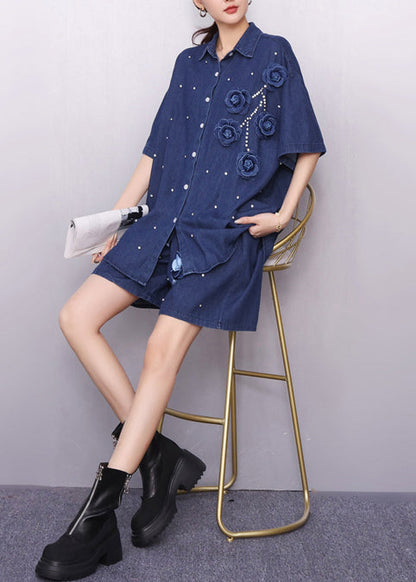 Handsome Navy Embroidered Nail Bead Two Piece Set Summer