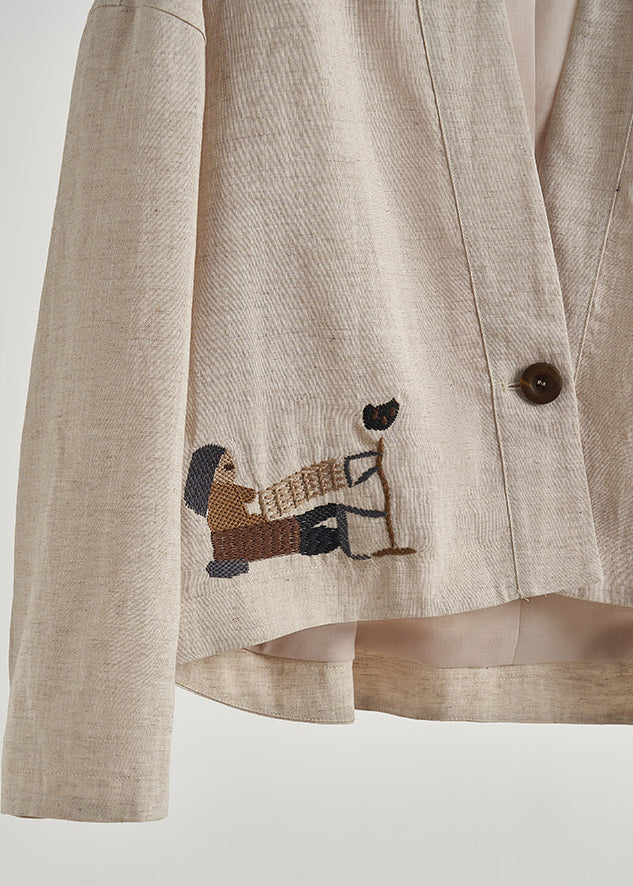Beige Embroidered Oversized Linen Coat Fall