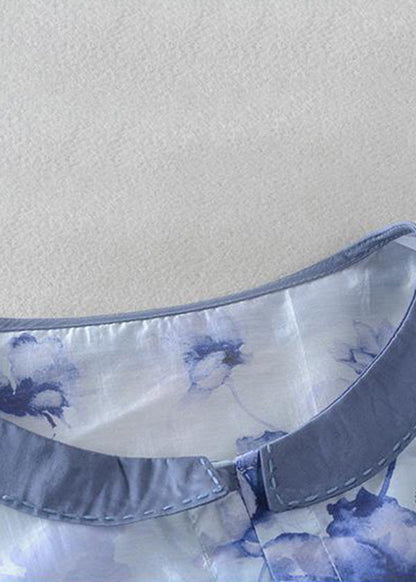 Diy Blue Oversized Print Linen Shirt Top Half Sleeve
