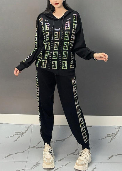 Black Print Hooded Top and Beam Pants Two Pieces Set Spring