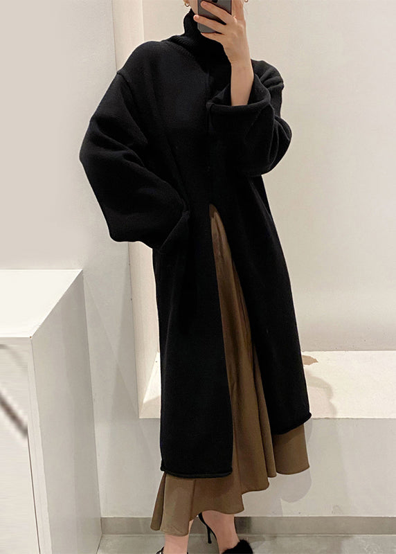 Black Front Open Knit Winter Sweater Dress Turtleneck