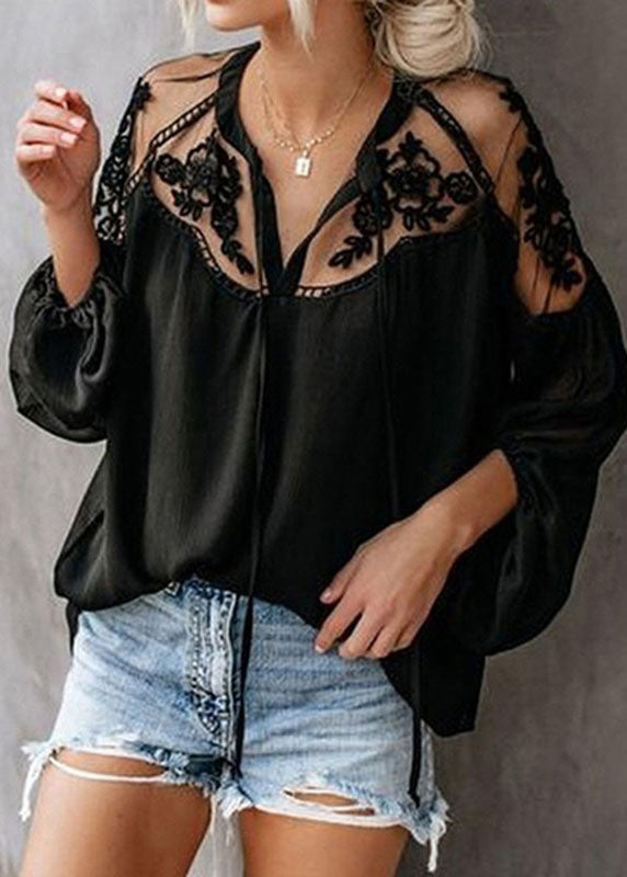 Black V Neck Chiffon Tops Lantern Sleeve