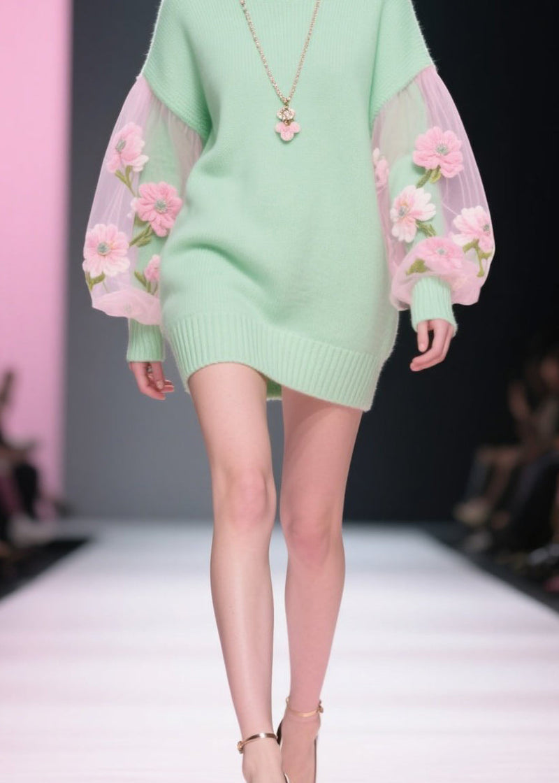 Stylish Hign Neck Tulle Patchwork Knit Sweater Dress Winter