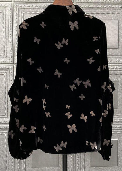 Black Peter Pan Collar Print Button Velour Tops Fall
