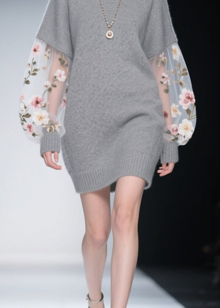 Grey O Neck Tulle Patchwork Knit Dress Winter