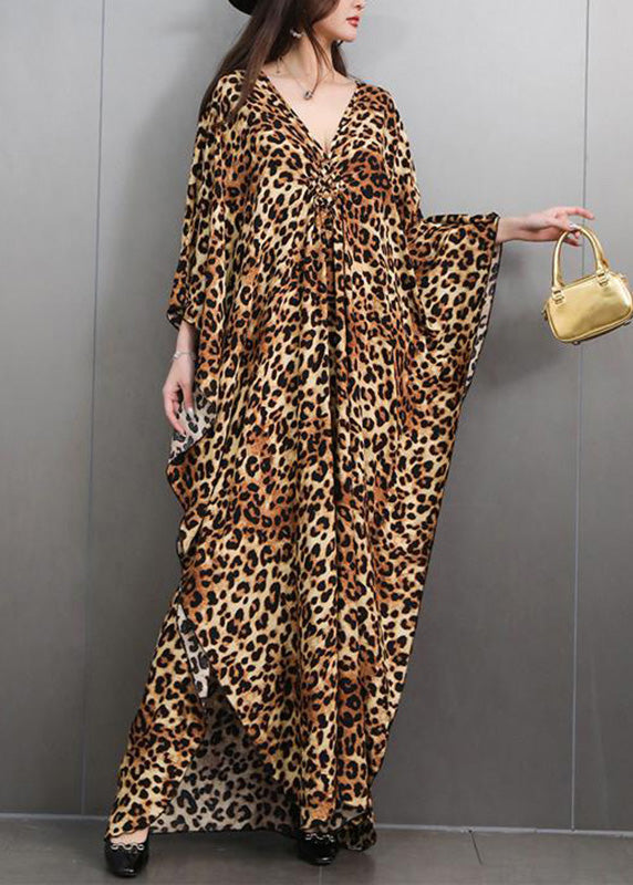 Italian Leopard V Neck Side Open Maxi Dress Batwing Sleeve Fall