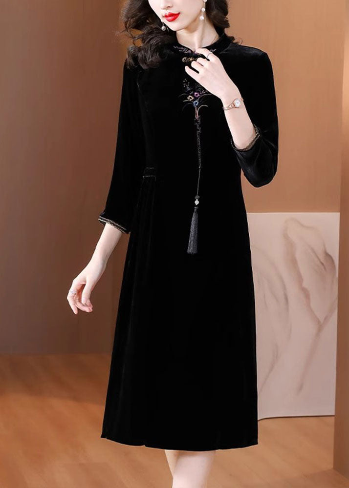 Classy Black Stand Collar Embroideried Silk Velour Maxi Dress Fall