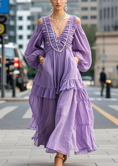 Purple Cold Shoulder Wrinkled Cotton Vacation Dresses Lantern Sleeve