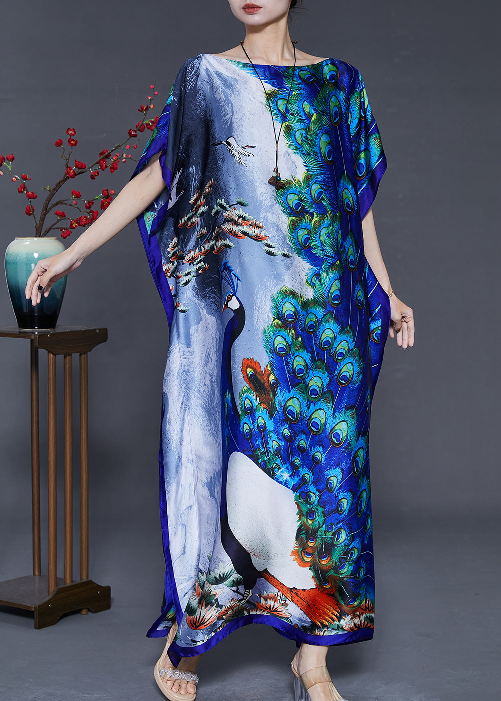 Art Peacock Blue Print Silk Holiday Dress Batwing Sleeve