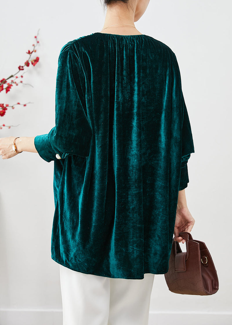 Peacock Green V Neck Silk Velour Blouses Fall