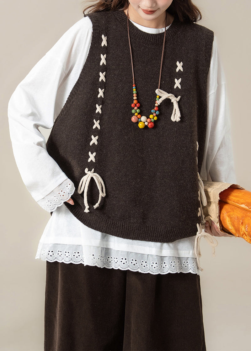 Loose Coffee Lace Up Knit Vest and White Cotton T Shirt Two Piece Set Spring