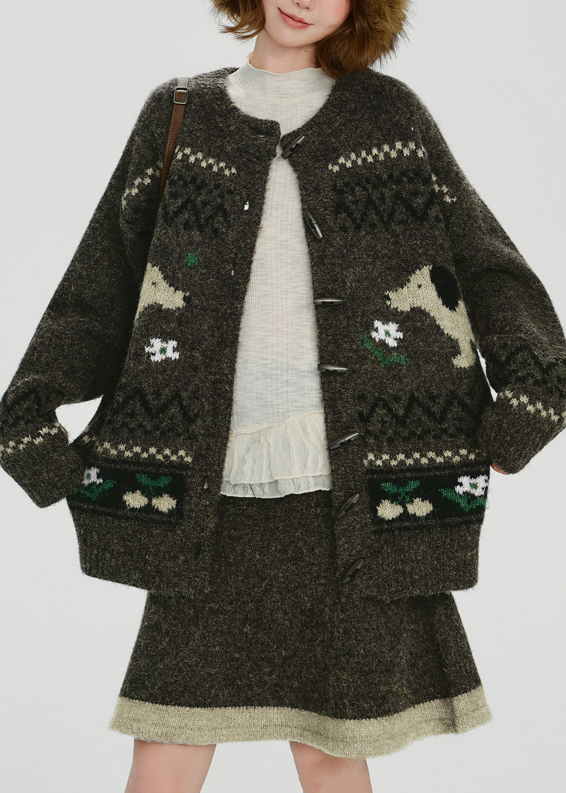 Handmade Tea Green Dog Jacquard Knit Two Pieces Set Spring