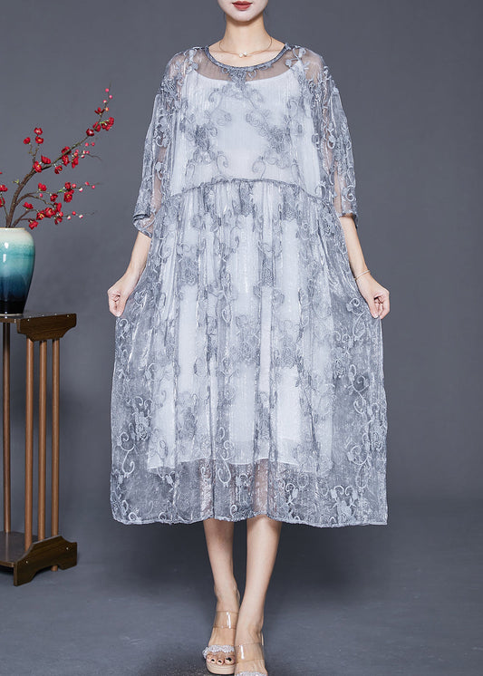 Grey Embroideried Tulle Robe Dresses Two Piece Set Summer