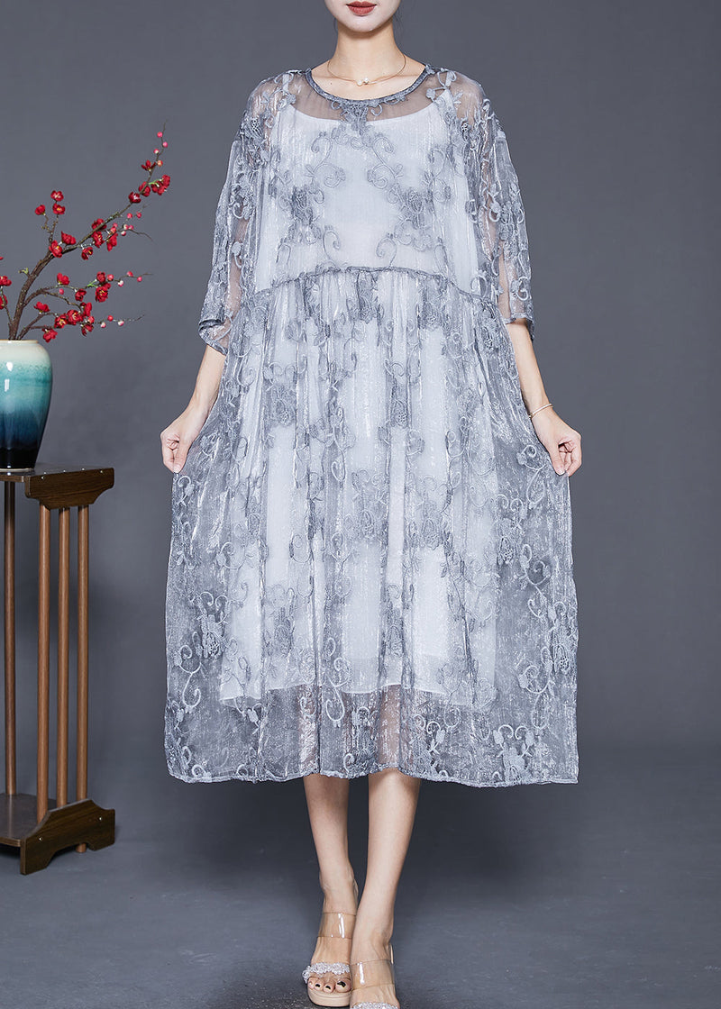 Grey Embroideried Tulle Robe Dresses Two Piece Set Summer