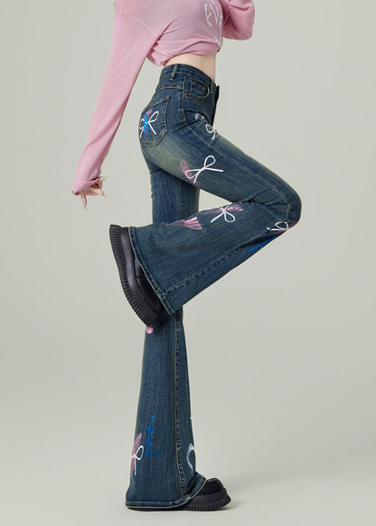 Blue Pockets Bow Print Denim Flared Trousers Spring