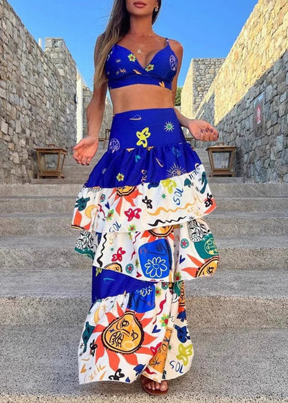 Blue Lingerie and Maxi Cake Skirts Two Pieces Set Summer