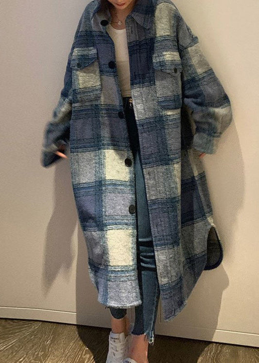Blue Peter Pan Collar Pockets Plaid Woolen Long Coats Fall