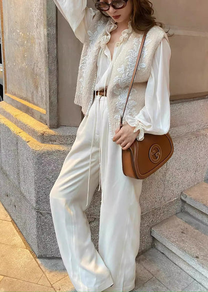 Art Beige Embroidered Ruffled Knit Two Piece Set Clothing Spring