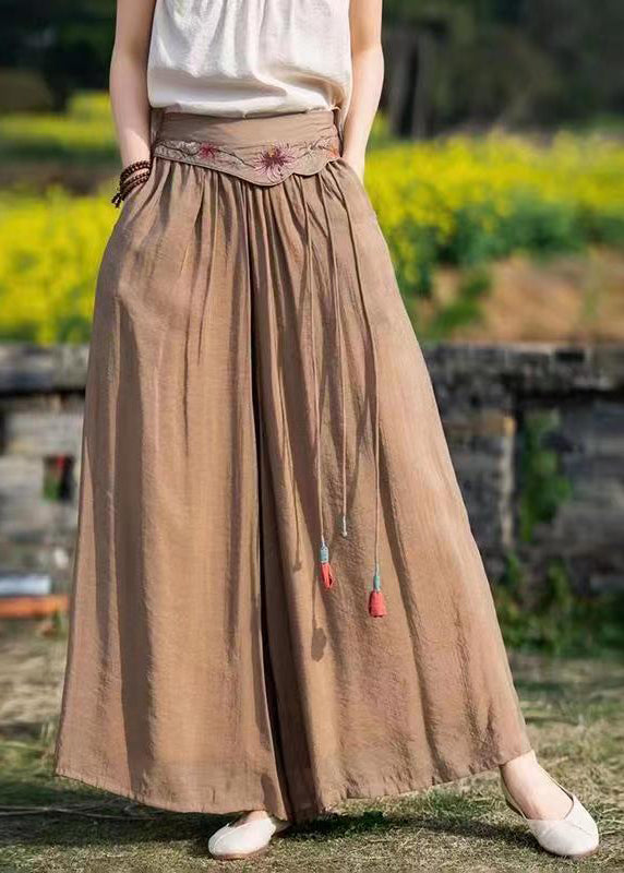 Green Embroideried Pockets Tasseled Patchwork Silk Wide Leg Pants Summer
