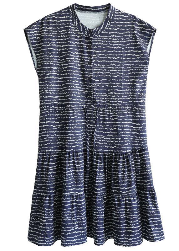 Organic Navy O-neck Button Print Summer Short Sleeve Dress
