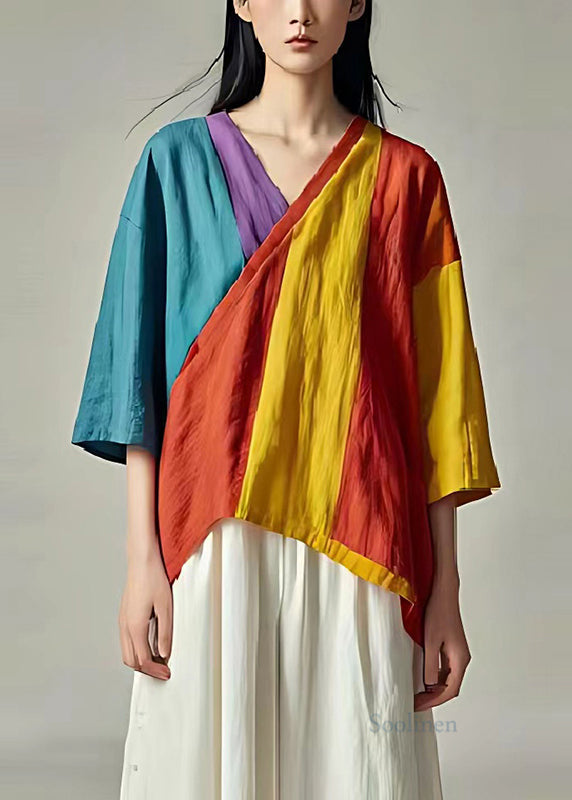Colorblock V Neck Patchwork Linen Tank Summer