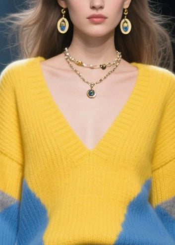 Unique Yellow V Neck Patchwork Cozy Sweaters Winter