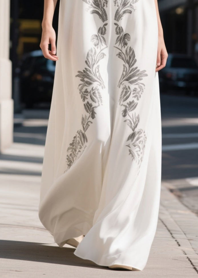 White V Neck Print Chiffon Maxi Dresses Summer