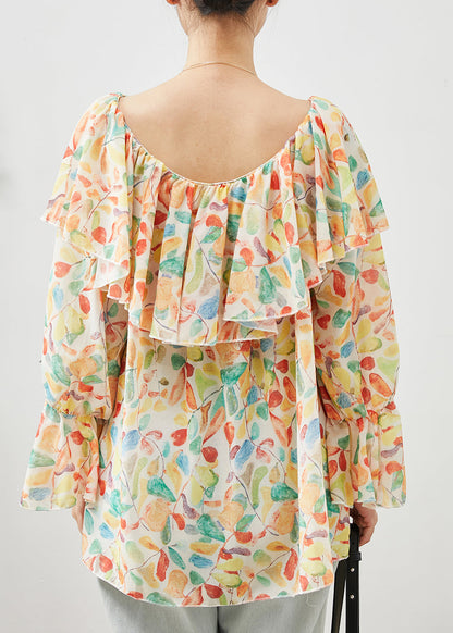 Apricot Slash Neck Print Chiffon Blouses Spring