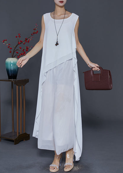 White Asymmetrical Design Draping Chiffon Dresses Summer