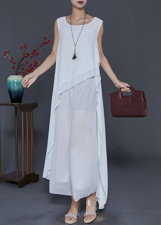 White Asymmetrical Design Draping Chiffon Dresses Summer