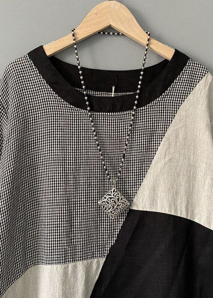 Plaid Print O Neck Patchwork Cotton Mid Dress Summer