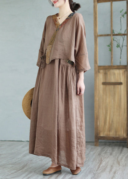 Coffee Print Tie Waist Linen Linen Top and Maxi Skirts Half Sleeve