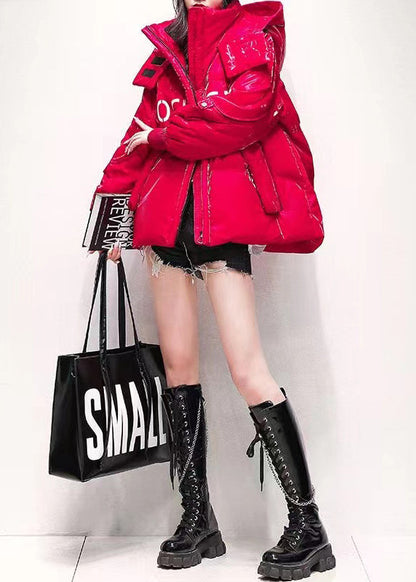 Red Zip Up Pockets Graphic Duck Down Hooded Coats Winter