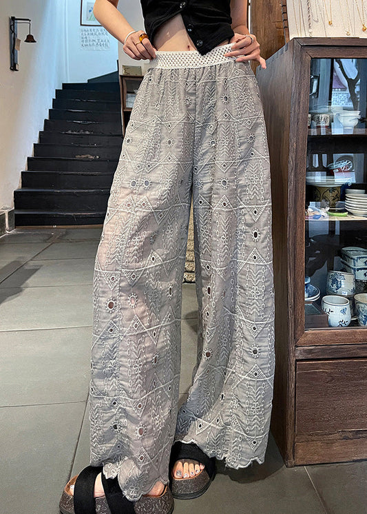 Grey Hollow Out Straight Pants Trousers Embroidered Summer