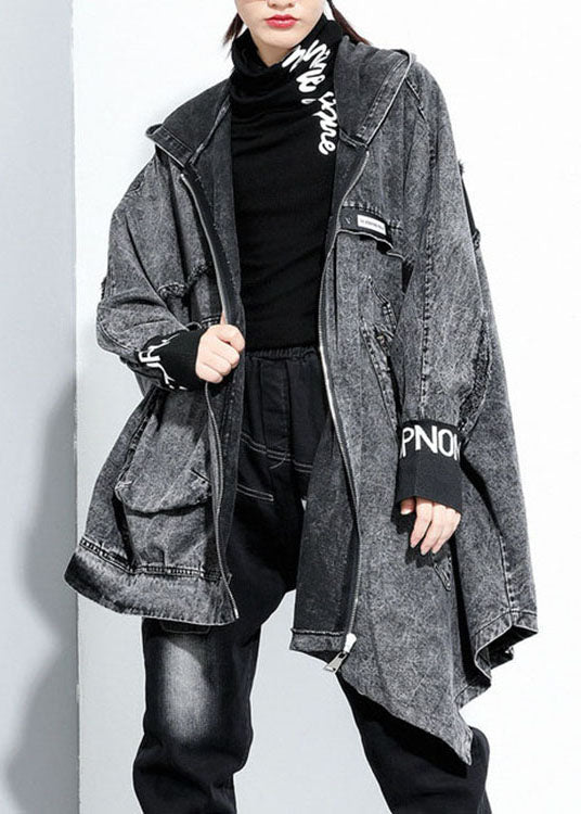 Italian Black Hooded Asymmetrical Design Denim Coat Spring
