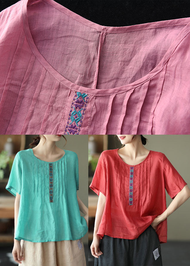 Rose Linen Tank Tops O-neck Wrinkled Short Sleeve
