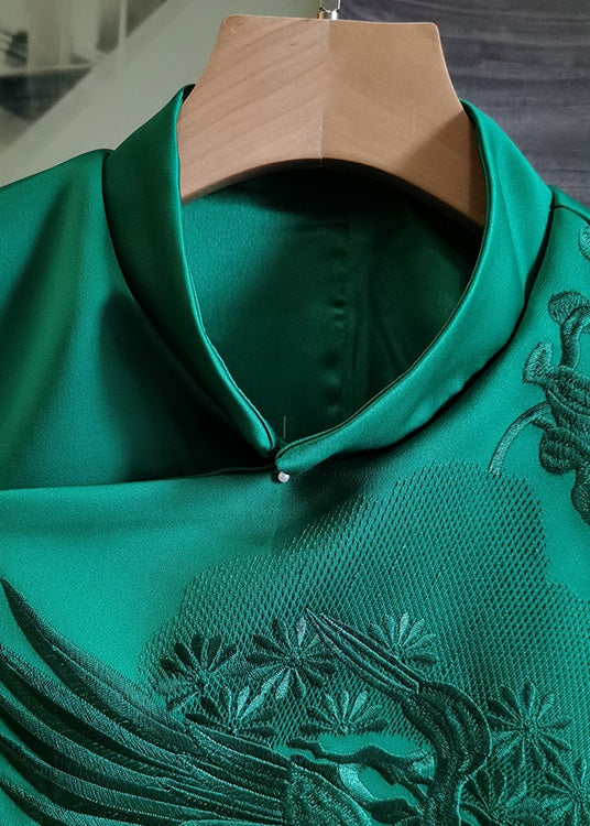 Green Stand Collar Embroideried Patchwork Silk Vest Sleeveless
