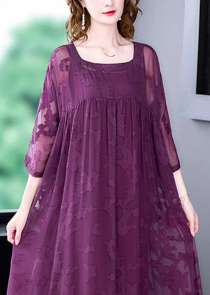 Purple Hollow Out Chiffon Dress Two Piece Set Clothing Wrinkled Summer