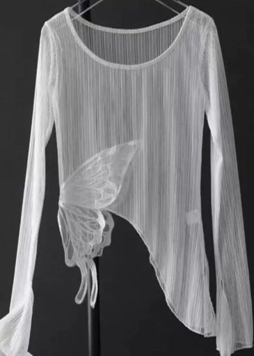 White Asymmetrical Butterfly Tulle Shirt Top Summer