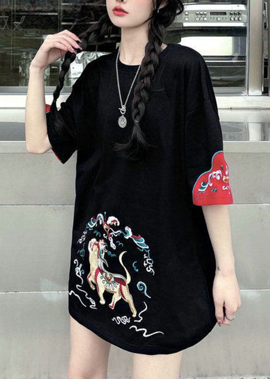 Black Patchwork Loose Tanks O-neck Short Sleeve