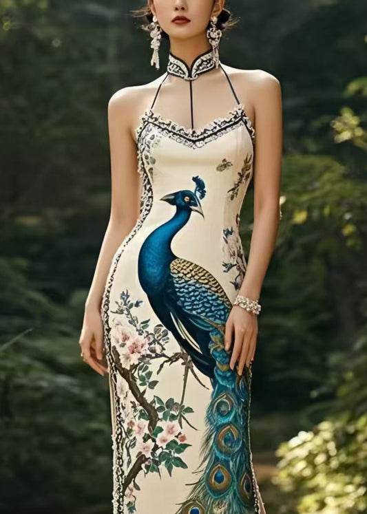 Peacock Print Side Open Silm Fit Silk Party Dress Summer